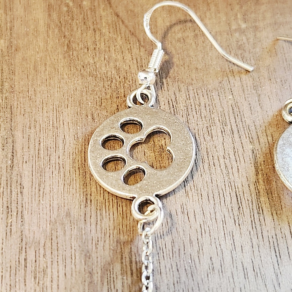 Silver Paw Print Top Dog Bowl Dangle Earrings Puppy Animal Lover Hook Drops - Picture 4 of 6